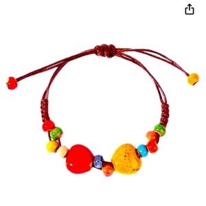 Ceramic, Beaded Bracelet, Heart Bracelet, Boho, Adjustable, slip knot, playful